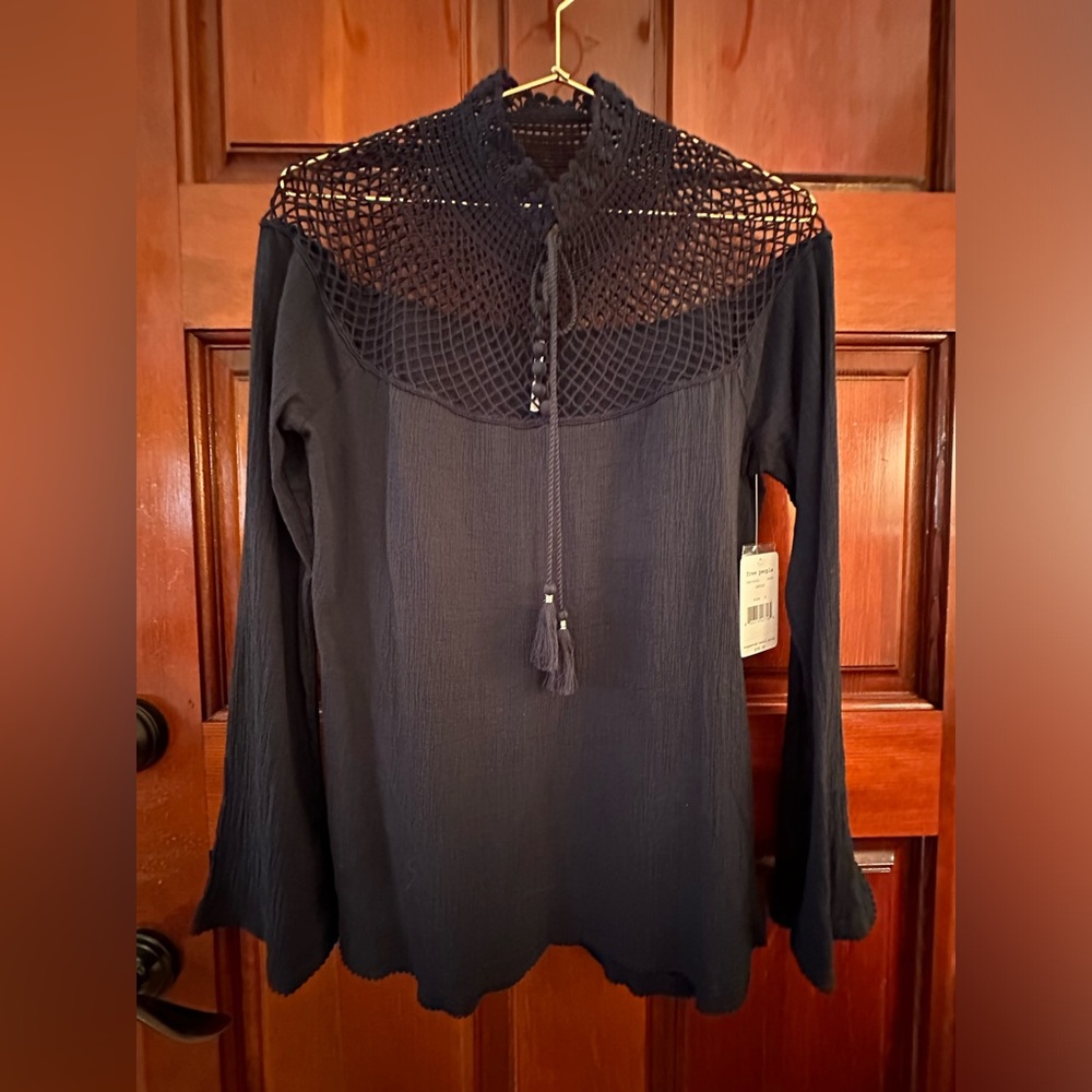 Free People Cotton Tunic Blue Crochet Yolk 100% Cotton Size Small
